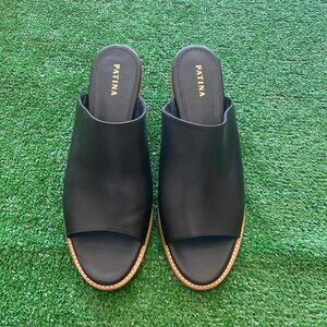 Patina Black Leather Peep Toe Wedge Sandals Women’s Us S-11 Slip-On Comfort U-3